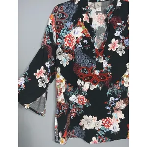 Natori Black Multicolor Oriental & Floral V-Neck 3/4 Sleeves Lightweight Tunic M thumbnail 3