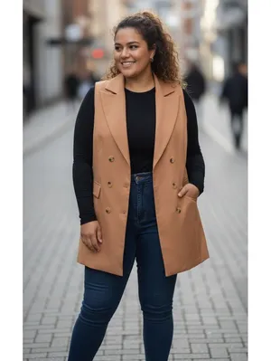 SHEIN Curve Tan Double Breasted Sleeveless Blazer Vest Plus Size 3XL thumbnail 6