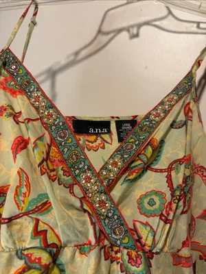 Y2K Vintage Semi Sheer Spaghetti Straps Floral Embroidered Neckline Tank Top L thumbnail 4