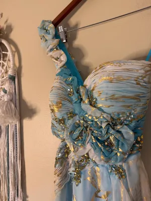 Mac Duggal Beaded One Shoulder Cut Out Gown Maxi Dress Turquoise Gold Size 6 thumbnail 5