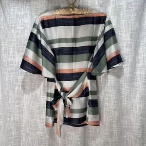 Ann Taylor Factory Striped Flutter Sleeve Tie Waist Blouse Navy Green Peach M thumbnail 5