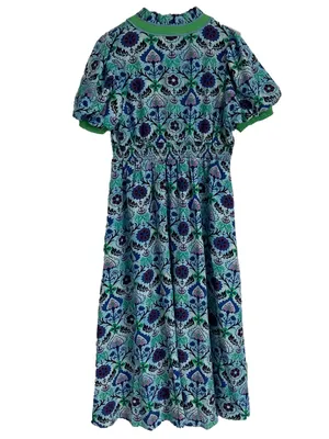 NWOT Jodifl “Blue Mix” Whimsy Floral Midi Dress Lined with Pockets Size Medium thumbnail 2