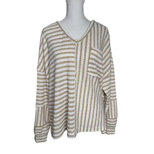 Pink Lily Tan White Striped Oversized Sweater Medium Boxy Coastal Grandmother thumbnail 5