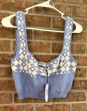 Princess Polly Blue and Cream Geometric Knit Crop Top thumbnail 1