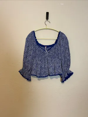 Free People Brittnee Print Smocked‎ Peplum Crop Top Blue Combo Size Small thumbnail 4