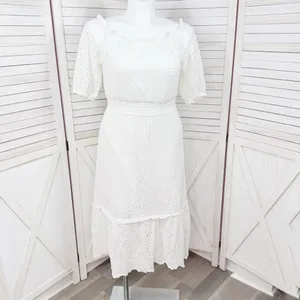 Betsey Johnson Eyelet Off The‎ Shoulder Smocked Waist Midi Dress White Large thumbnail 2