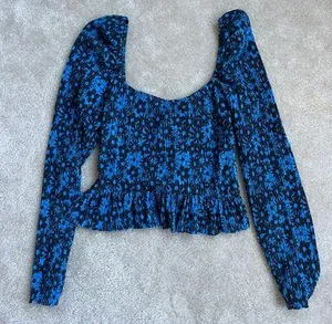 Cute Long Sleeve Top Blouse Blue Flowers thumbnail 2