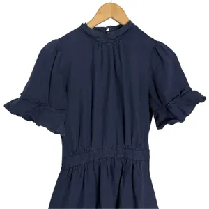 Frame Navy Linen Scallop Mock Neck Flounce Ruffle A-Line Flare Mini Dress XS thumbnail 4