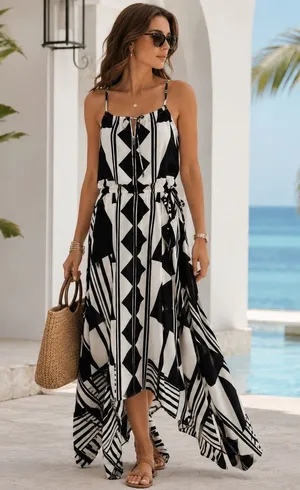 Express Asymmetric Geometric Maxi Dress Sz XS Resort Art Deco Monochrome Hanky thumbnail 1