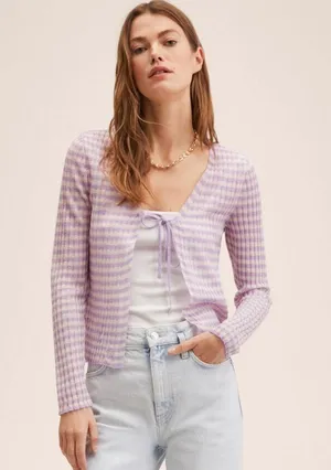 Mango NWT KNITTED CROPPED CARDIGAN STRIPED PURPLE WHITE LIGHTWEIGHT TIE DETAIL thumbnail 4