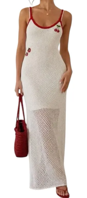NWOT WAYF Cherry Applique Crochet Knit Maxi Dress Ivory Red Size Medium thumbnail 1