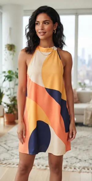 Abstract Colorblock Halter Mini Dress in Coral, Navy & Cream thumbnail 1
