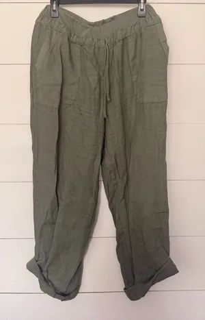 Kaktus Women’s XL Olive Green Linen Pants LagenLook Minimalist Art to Wear thumbnail 1