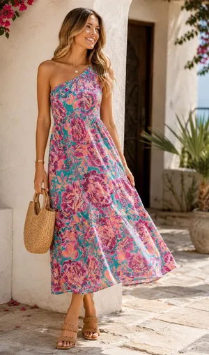 Zcsia One Shoulder Floral Midi Dress Smocked Teal Pink Boho Size Small thumbnail 1