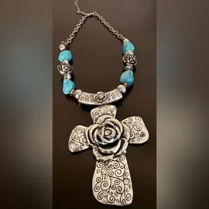 Ornate Silver Turquoise Cross Necklace | Western Boho Statement Chunky Religious thumbnail 2