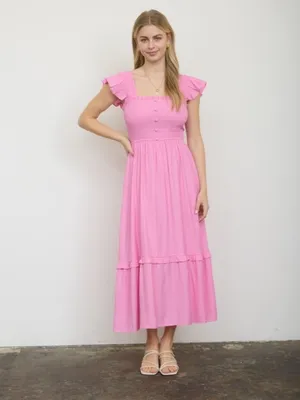 Mock Button Down Smocked Ruffle Detail Midi Dress Pink thumbnail 2