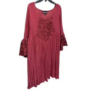 Frazzle Burgundy Lace Crochet Bell Sleeve Boho Mini Tunic Dress Large Wine Red thumbnail 3
