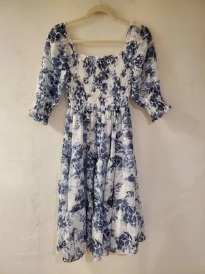 Baltic Born Hazel Eyelet Midi Dress in Navy Blue White XS thumbnail 3