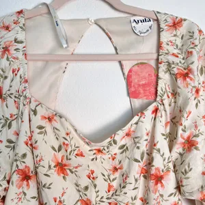 Arula‎ Cream Floral Linen Blend Long Sleeves Open Back Swing Mini Dress XL thumbnail 4