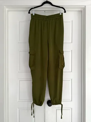 Open Edit Tie Detail Satin Cargo Pants Olive Green - small thumbnail 2