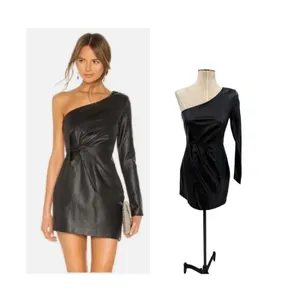 NBD Senia‎ One Shoulder Faux Leather Mini Dress Black Long Sleeve XXS NWT thumbnail 2