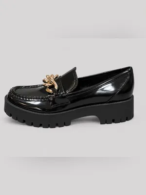 GUESS Hillford Chunky Women Loafer Black Patent Gold Chain Platform Lug Sole 9.5 thumbnail 2