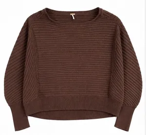 Free People Women’s Large Brown Ribbed Knit Sweater Dolman Balloon Sleeve Boho thumbnail 1