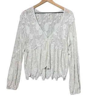 Emory Park Floral White Lace Peplum Top Long Sleeve Size M thumbnail 1