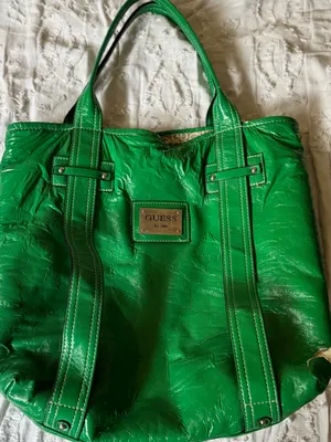 Guess Shiny Green Patent Tote with Branded Plaque thumbnail 1