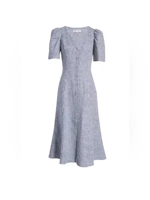 Women’s Reformation Newbury Gingham Print Button Front Linen Midi Dress Size 4 thumbnail 3