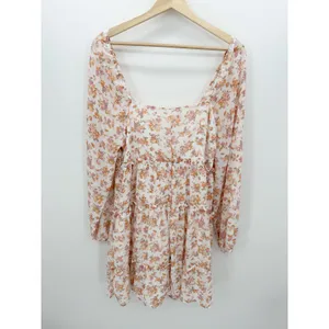 Orange Pink Microfloral Long Sleeve Boho Peasant Mini Dress Ruffle‎ Summer Sz M thumbnail 2