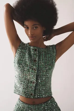 Anthropologie NWT Maeve Sequin Tweed Vest in green. Size Small thumbnail 1
