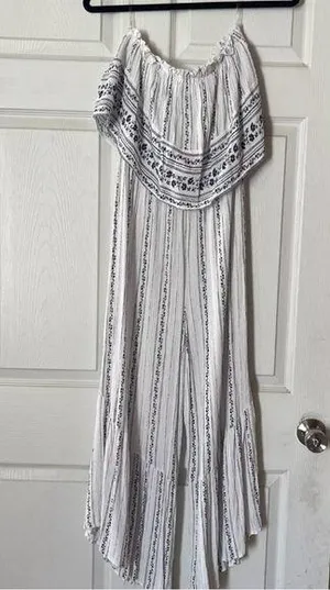 Sugar & cream Jumpsuit L white Blue flowy Ruffle Sleeveless Wide Leg thumbnail 1