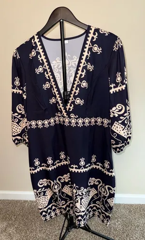 Blue‎ Zone Planet Navy and Tan Ethnic Print Boho V-Neck Midi Dress thumbnail 1