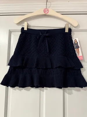 Millie Bobby Brown Navy Knit Tie-Front Ruffle Mini Skirt Soft Perfect Fit XXS thumbnail 4