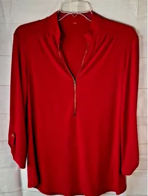Women's Long Sleeve Red Blouse roll tab sleeve knit a few snags on front no tags thumbnail 1