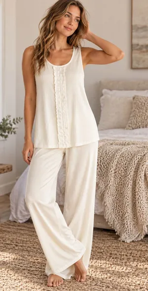 PJ Harlow Alyssa Cream Supima Cotton Modal Micro Ribbed Pajama Cozy Lounge Set thumbnail 1