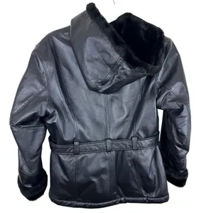PELLE Black Genuine Leather Hooded Belted Faux Fur Lined Full Zip Jacket‎ Size L thumbnail 3