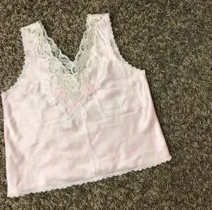 Vintage light pink sleep top with adorable dainty lace, bead, and flower details thumbnail 4