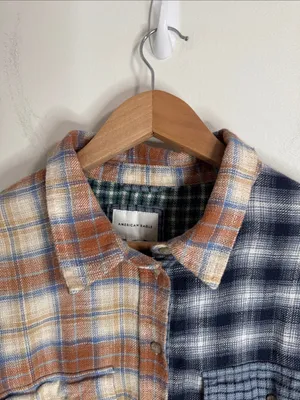 American Eagle Fall Plaid Patchwork Ragged Eclectic Grandpa Flannel Shirt sz L thumbnail 5