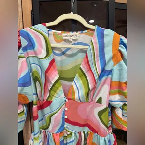 Red Dress Boutique Colorful maxi midi dress puff sleeve vneck button down swirl print thumbnail 9