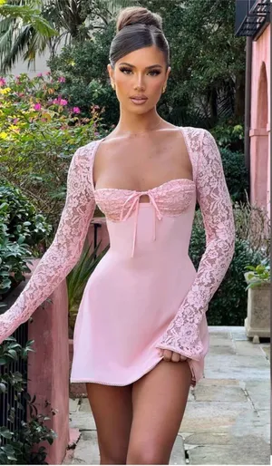 JACINTA MINI DRESS - BLUSH Lace Sleeve Dress S thumbnail 1