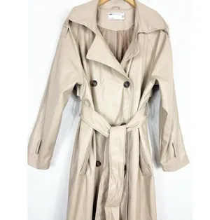 ASOS DESIGN Tan Faux Leather Trench Coat Size 12 Long Preppy Chic Minimalist thumbnail 9