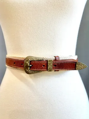VTG Western Boho Braided Cotton & Leather Belt Tooled Ornate Brass Buckle, XXL thumbnail 1