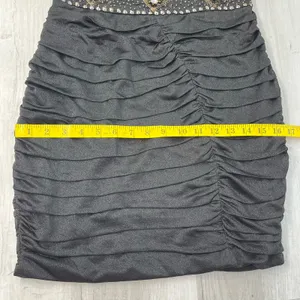 Nikibiki Black Strapless Ruched Gold Rhinestone Bling Bodycon Mini Dress Size M thumbnail 11