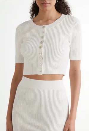 & Other Stories Cream Cropped Ribbed Shell Button Cardigan thumbnail 1