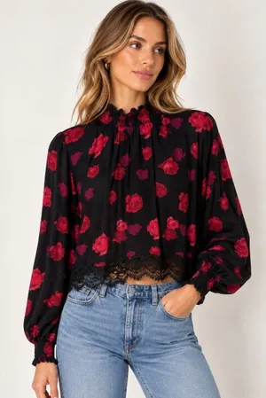 The Kooples Blouse Womens Small Black Floral Lace Sheer High Neck Cropped Top thumbnail 1