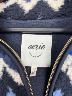 Aerie oversized Sherpa Fleece Quarter Zip Pullover Blue Fair Isle Sweater S thumbnail 3