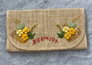 Vintage Bermuda Embroidered Jute Burlap Clutch Purse Floral Souvenir Handbag thumbnail 1