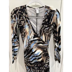 Vintage Cache Faux Wrap Dress Size Small Animal‎ Zebra Print Long Sleeve Stretch thumbnail 2